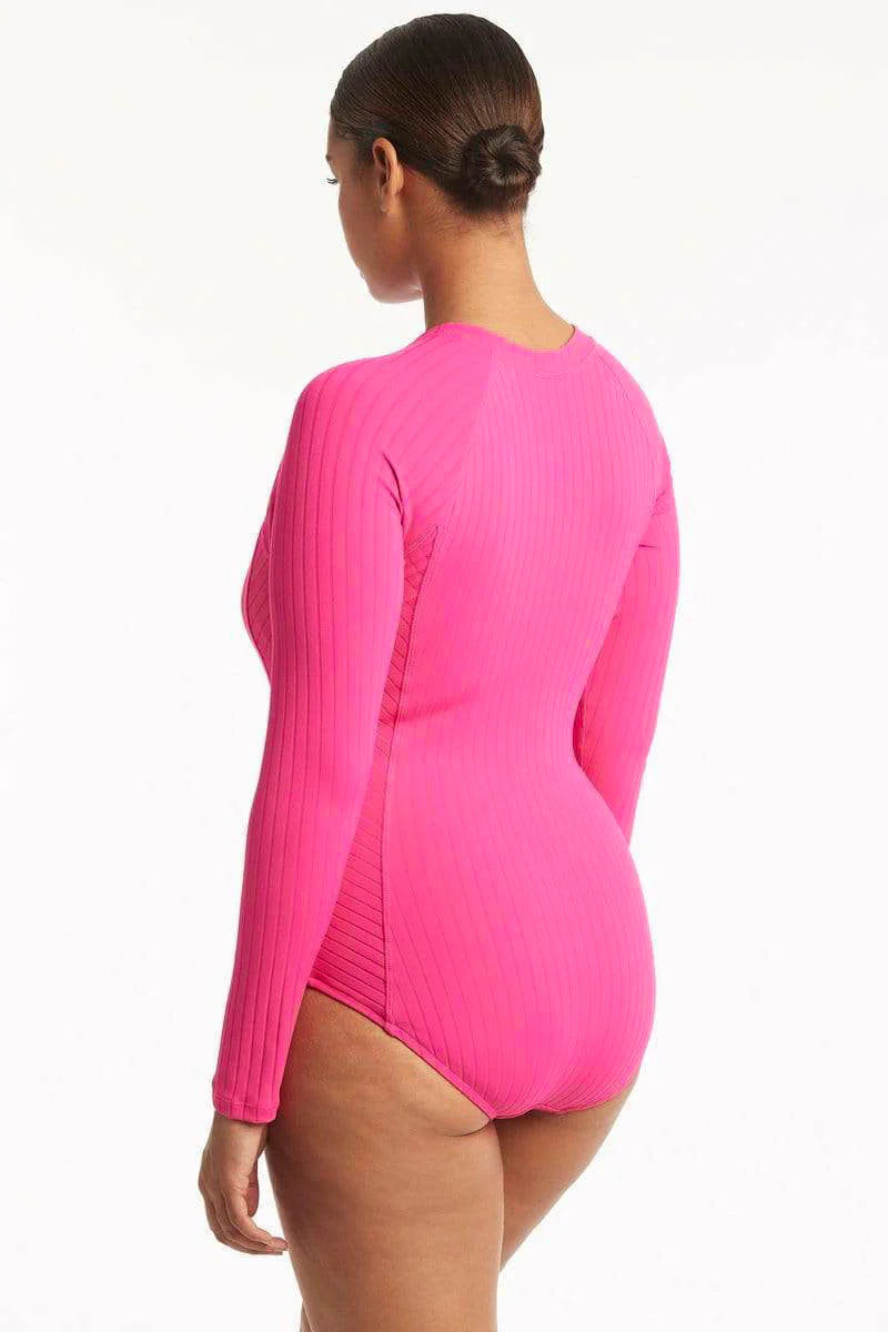 Ribbed Hot Pink Long Sleeve One Piece