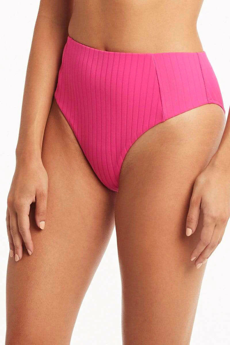 Ribbed Hot Pink High Waist Swim Bottom