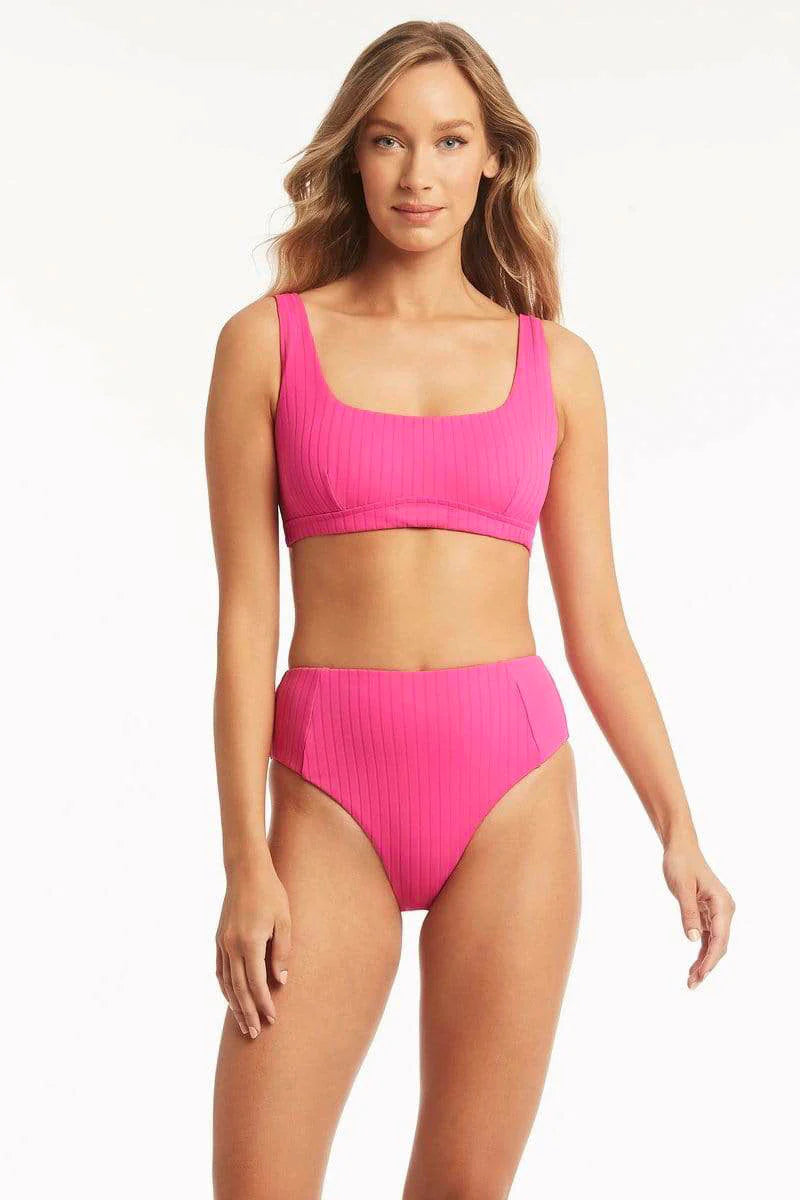 Ribbed Hot Pink High Waist Swim Bottom