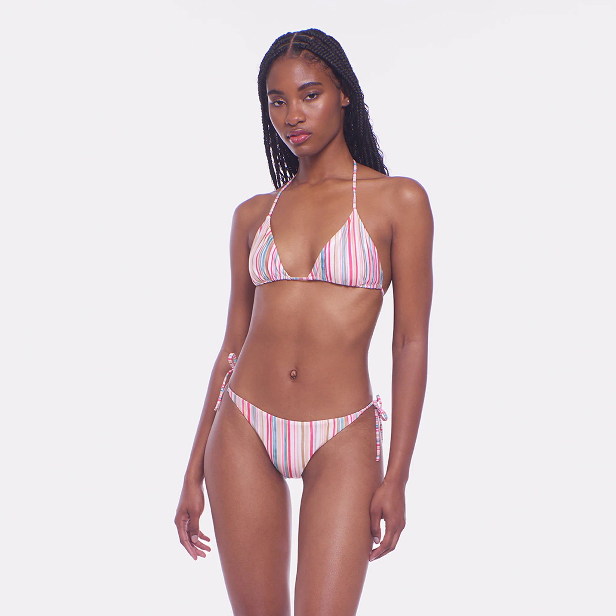 Triangle top with adjustable straps in multicolor striped print