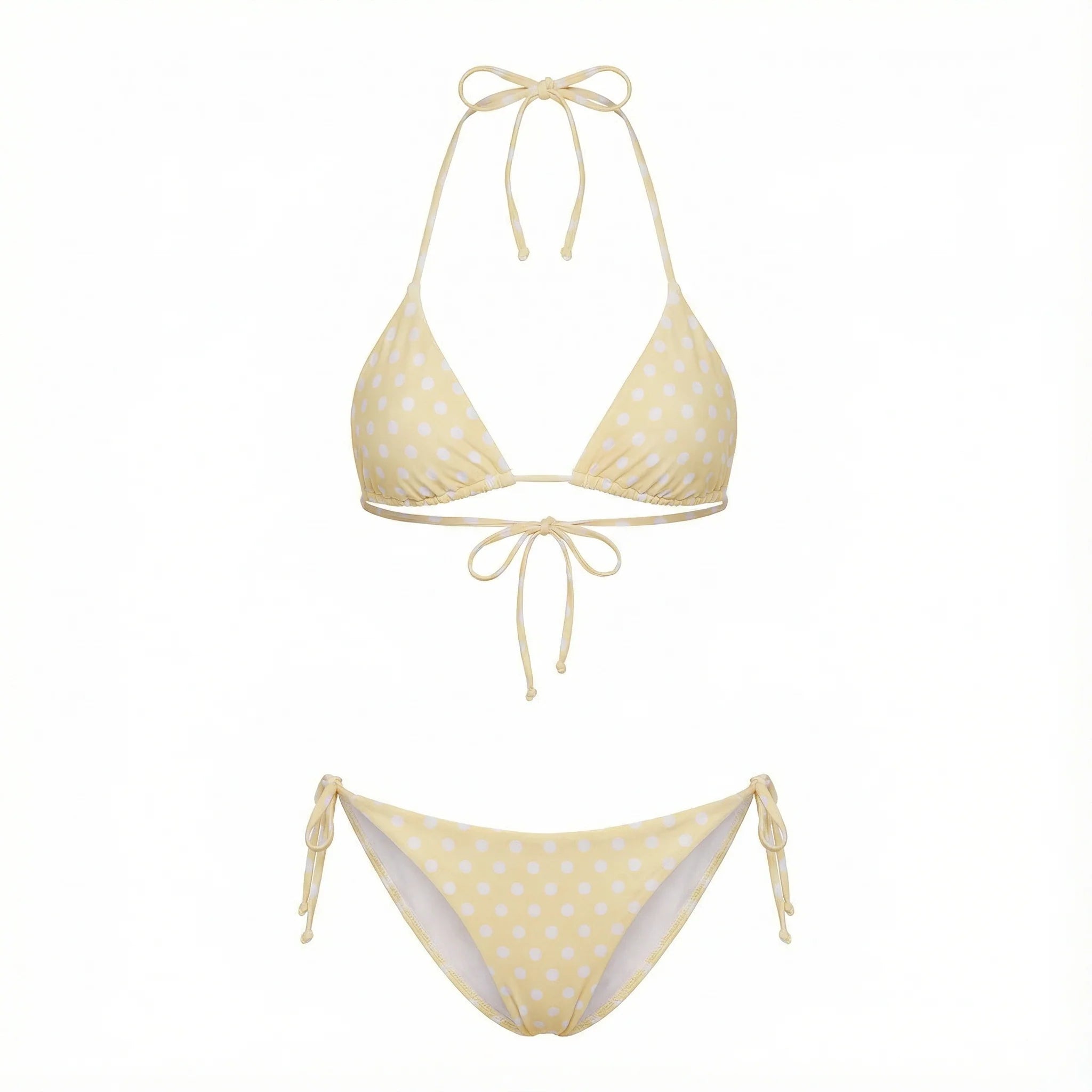 Adjustable triangle bikini top in yellow with white polka dots