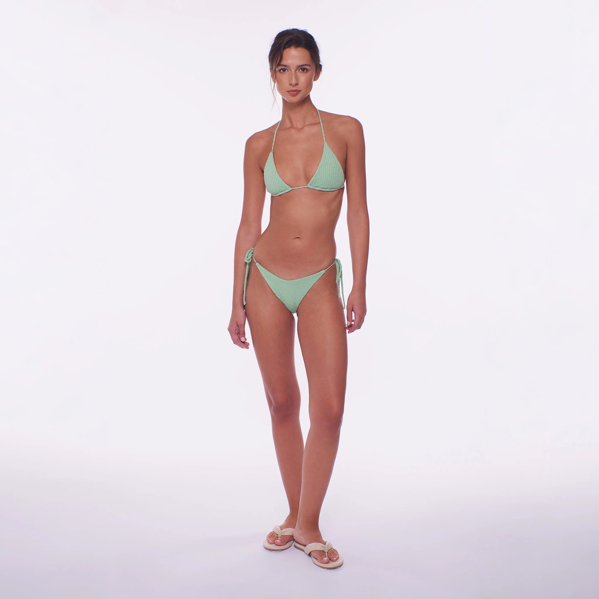 Textured triangle bikini top with adjustable cups in green