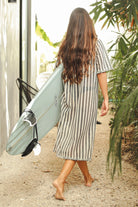 100% cotton button down collared midi dress with vertical stripes