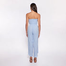 Strapless cotton jumpsuit with smocking on top in light blue