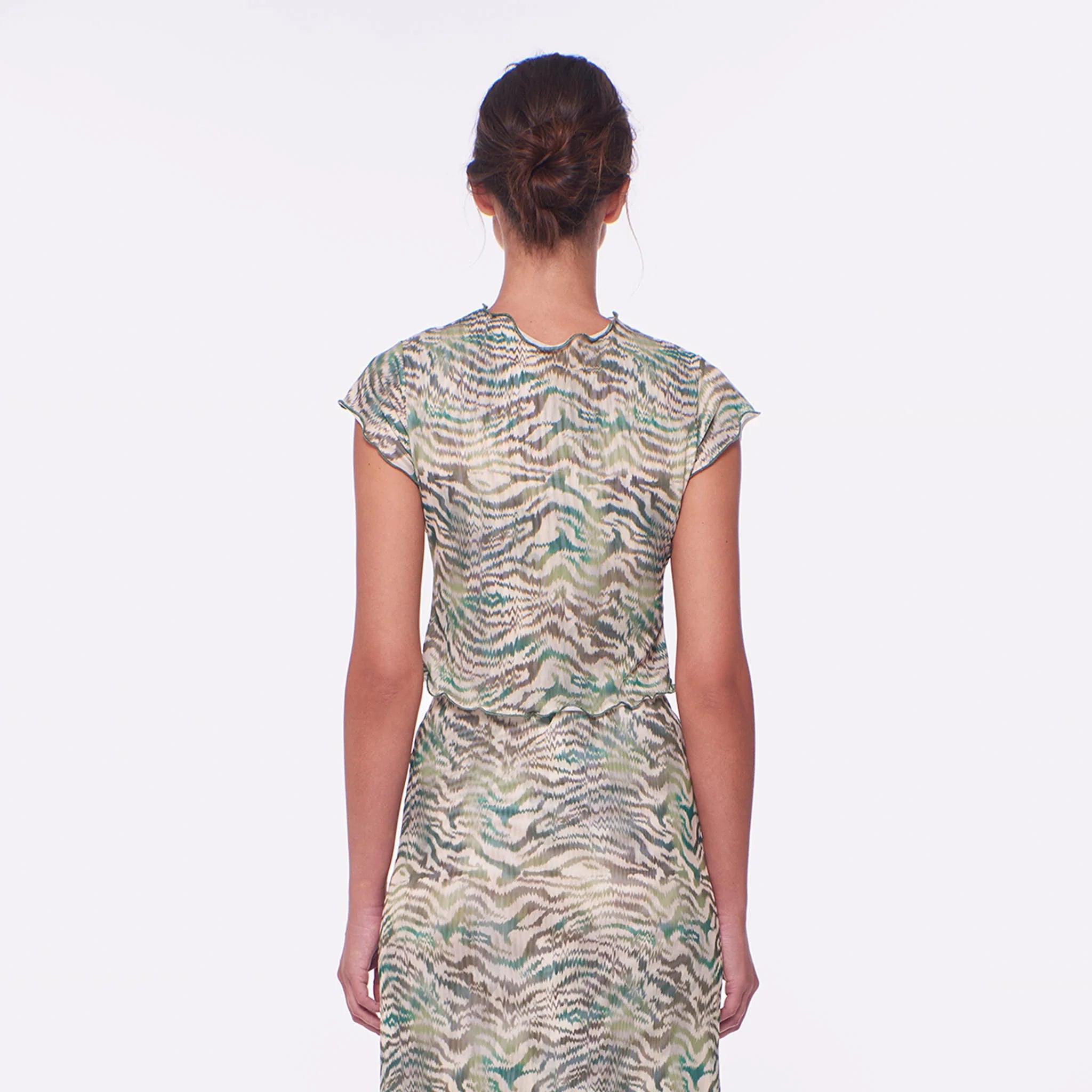 Sheer lettuce trim coverup top in colorful print