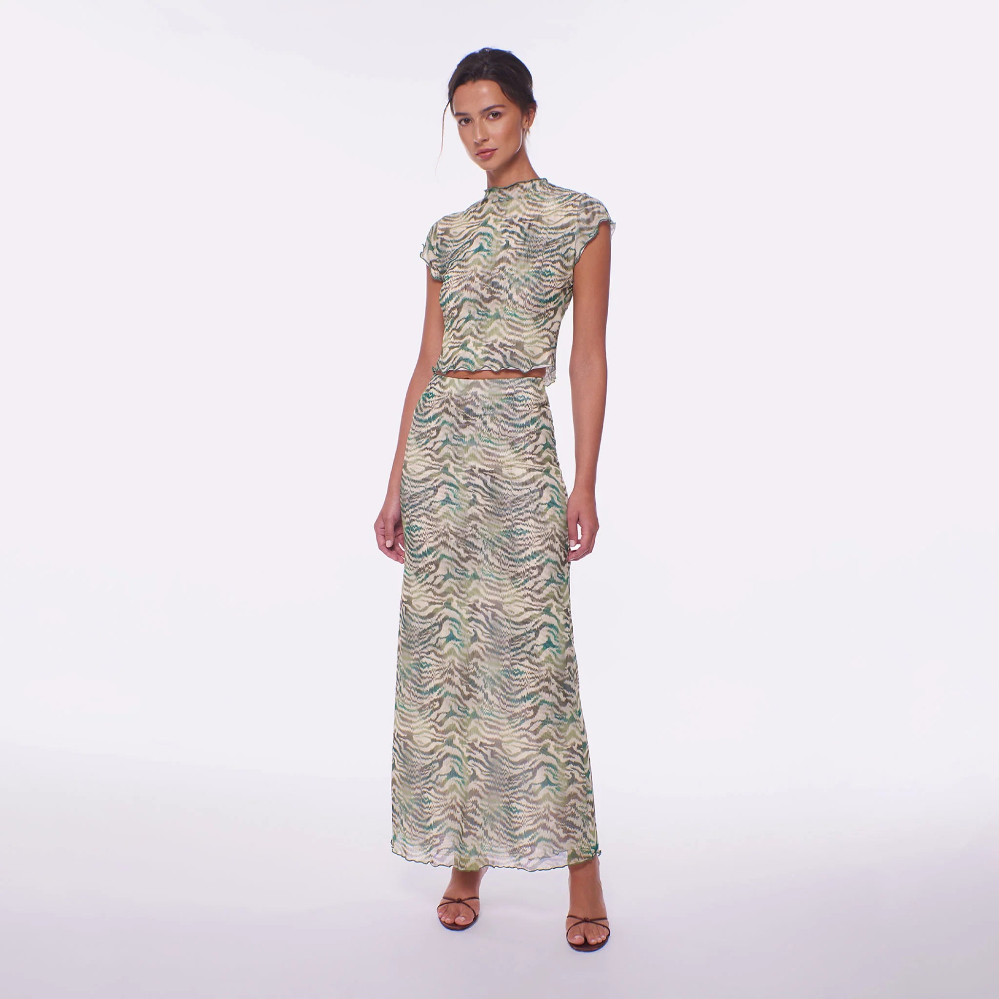 Sheer lettuce trim coverup top in colorful print