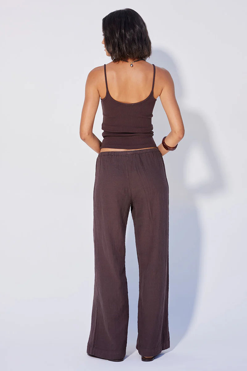 Wide leg cotton pants with drawstring in brown