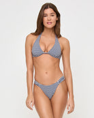 Latin cut bottom with side ruching in dark blue gingham print