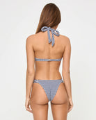 Latin cut bottom with side ruching in dark blue gingham print