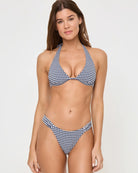 Latin cut bottom with side ruching in dark blue gingham print
