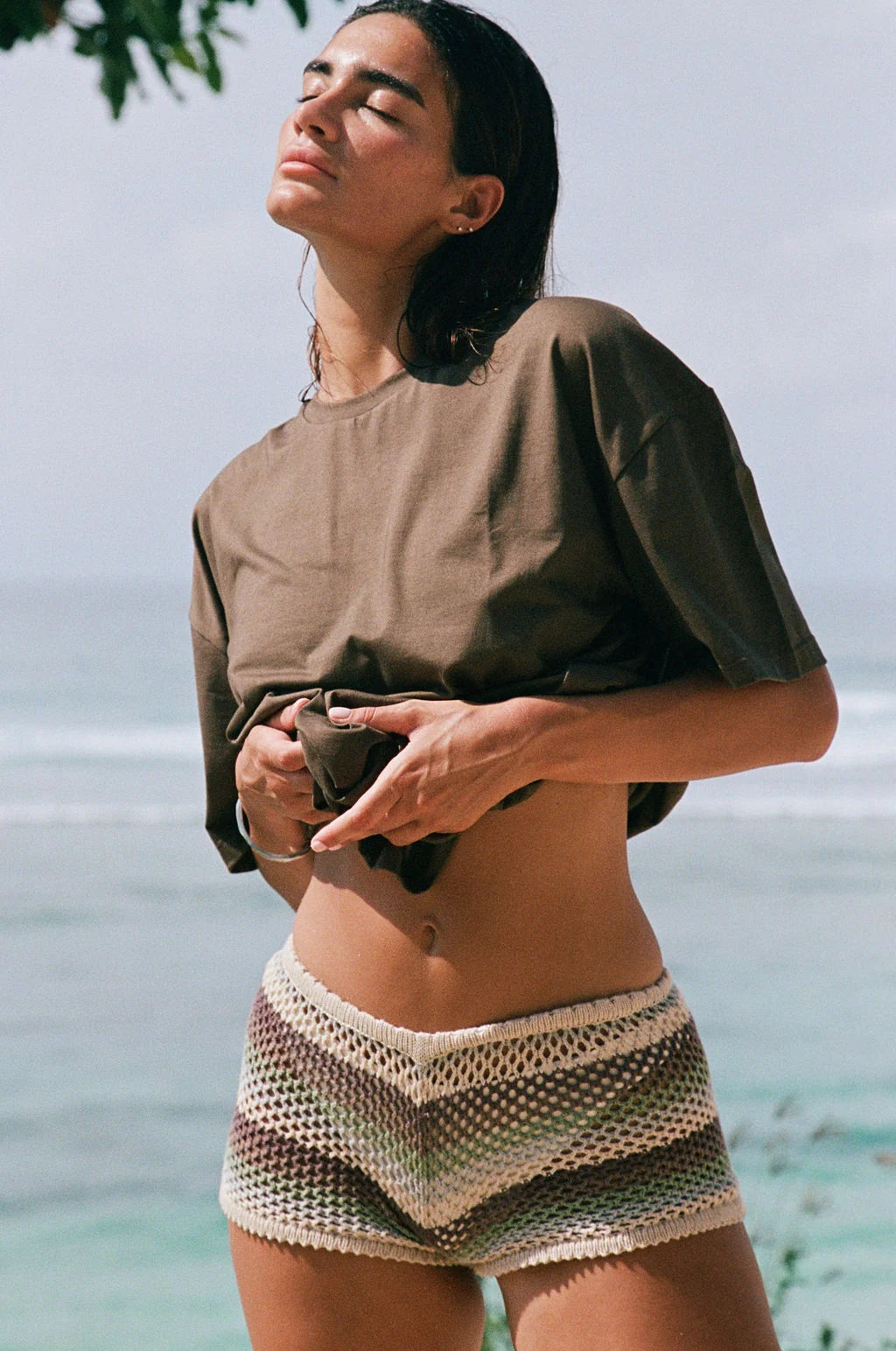 Striped open knit cotton shorts