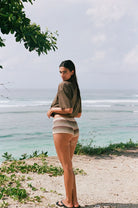 Striped open knit cotton shorts