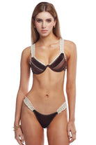 Velvety brown underwire top with crochet trim and straps