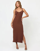 Ribbed midi dress with twisted front in brown