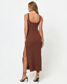 Ribbed midi dress with twisted front in brown