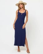 Ribbed midi dress with front knotted detail in dark blue