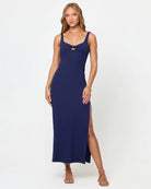Ribbed midi dress with front knotted detail in dark blue