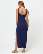 Ribbed midi dress with front knotted detail in dark blue