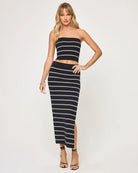 Ribbed midi skirt with high side slit in black with white horizontal stripes