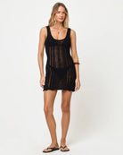 Black open knit crochet mini dress