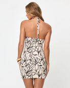 Smocked mini dress in off white with black print
