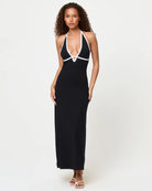 Black dress with plunging neckline and white trim