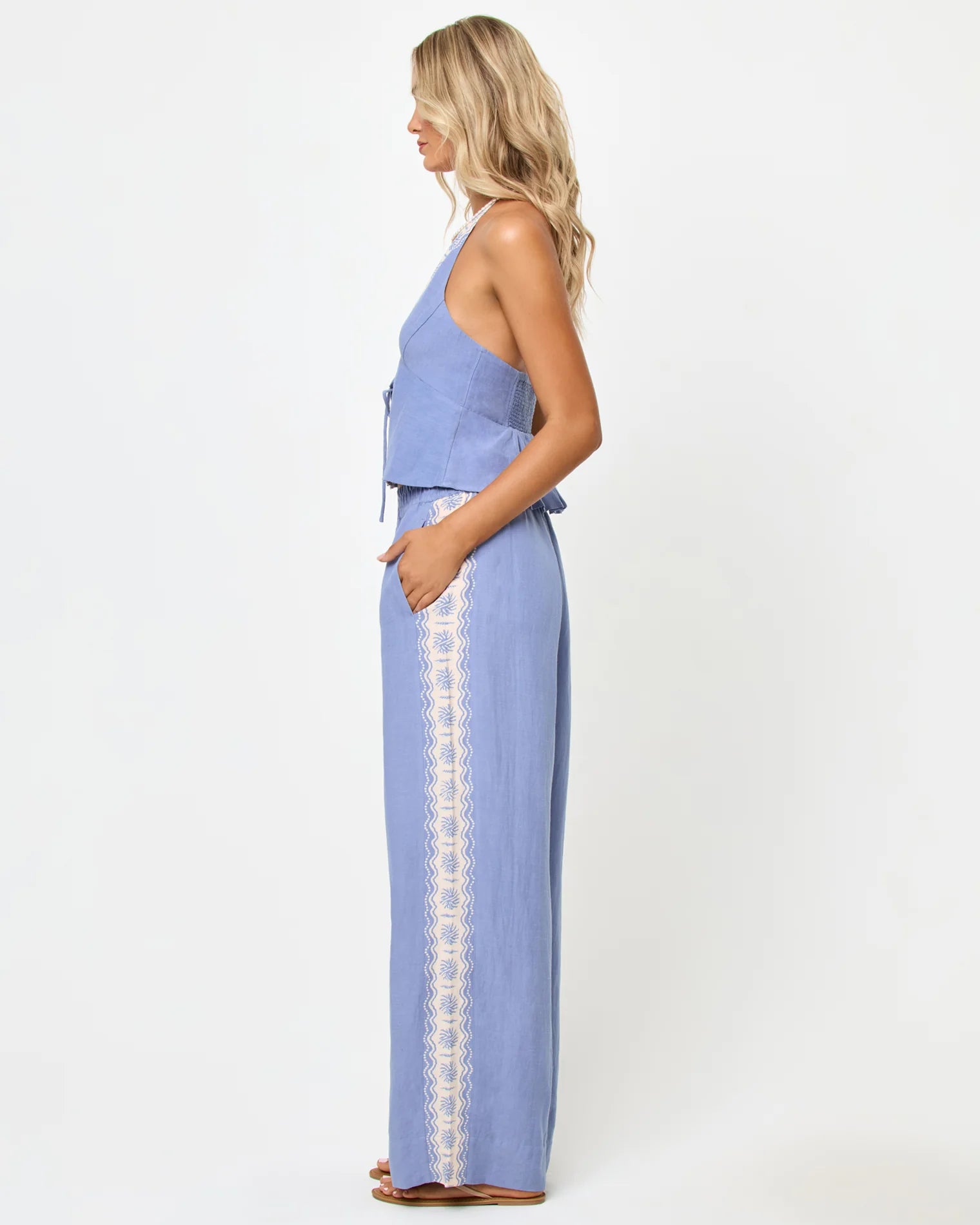 Plunging tie front top with halter ties in light blue