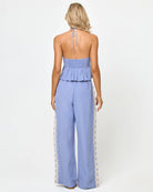 Plunging tie front top with halter ties in light blue