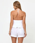 White linen crop top with a a plunging neckline and a tie front