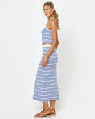 Midi skirt with elastic waistband in light blue and white stripes
