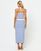 Midi skirt with elastic waistband in light blue and white stripes