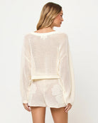 Open knit crochet cotton sweater with hibiscus print