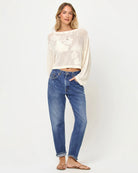 Open knit crochet cotton sweater with hibiscus print