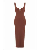 Ribbed midi dress with twisted front in brown