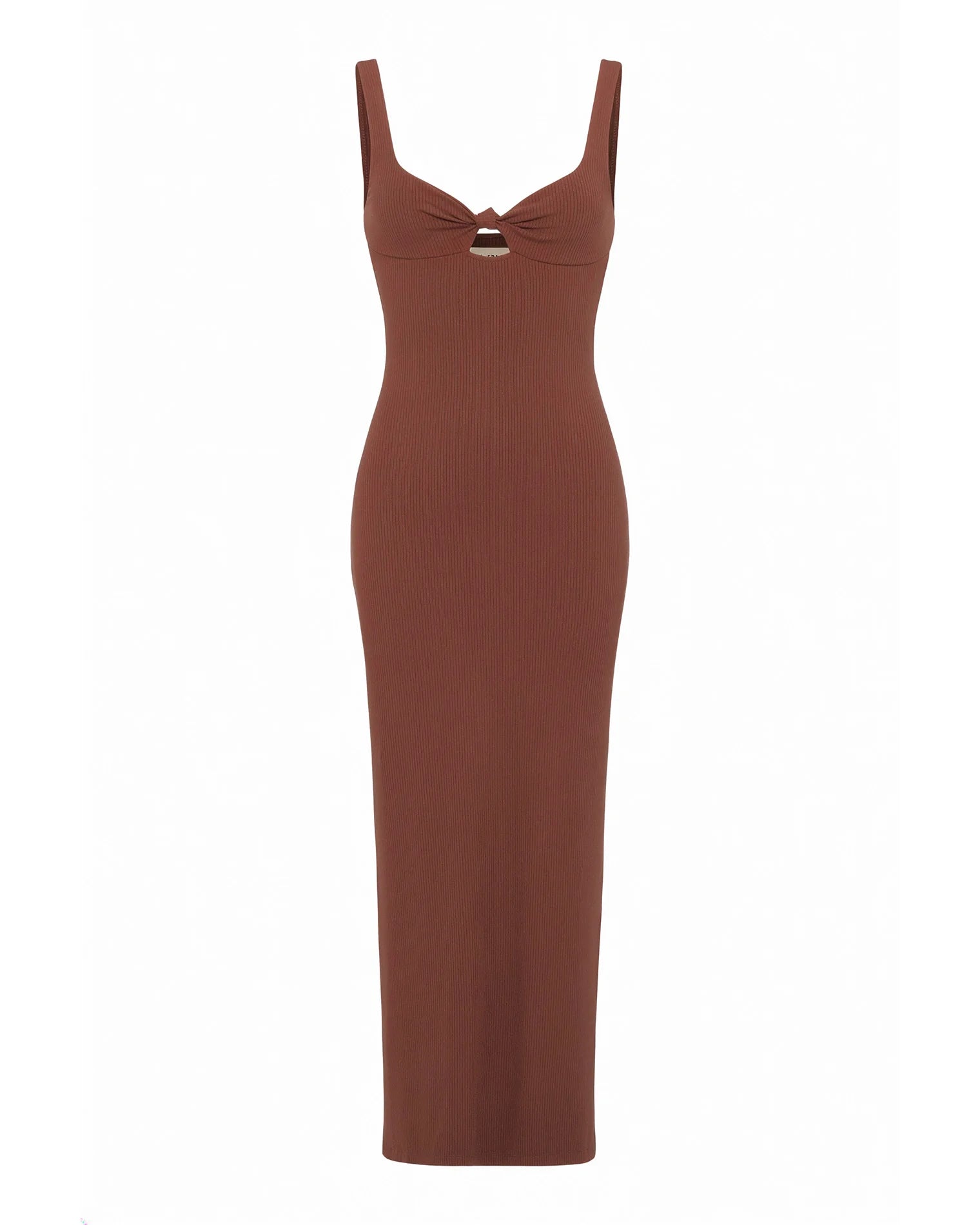 Ribbed midi dress with twisted front in brown