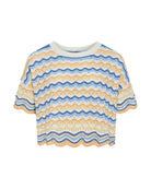 Cropped crochet cotton top with scalloped  hem in multicolor striped print