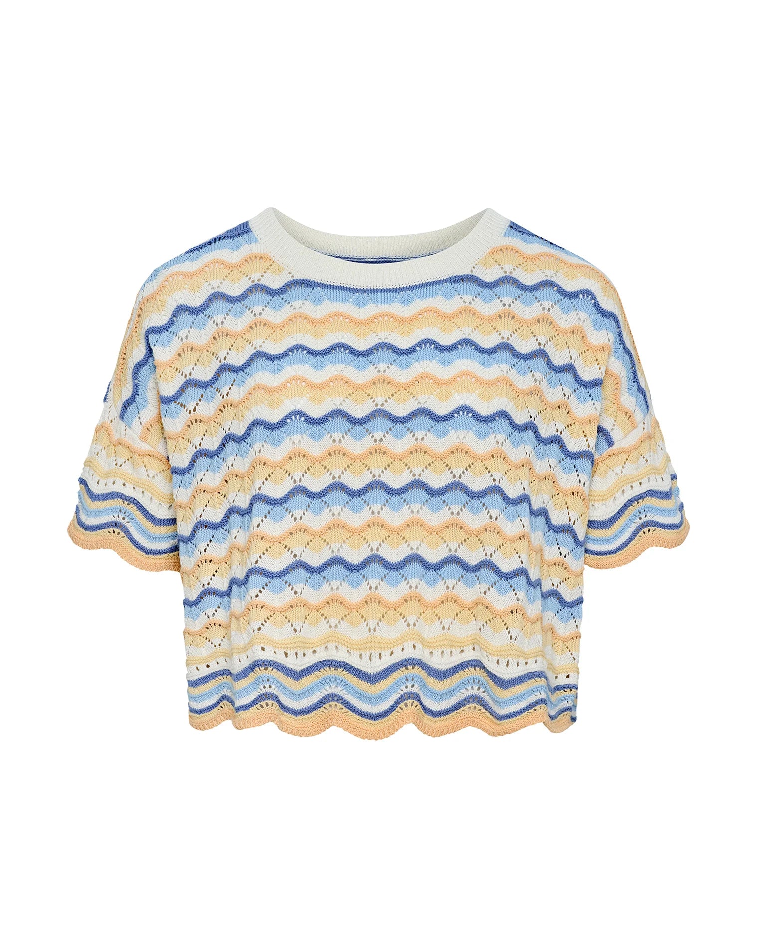 Cropped crochet cotton top with scalloped  hem in multicolor striped print