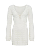 Open knit cotton mini dress with long sleeves and a plunging neckline