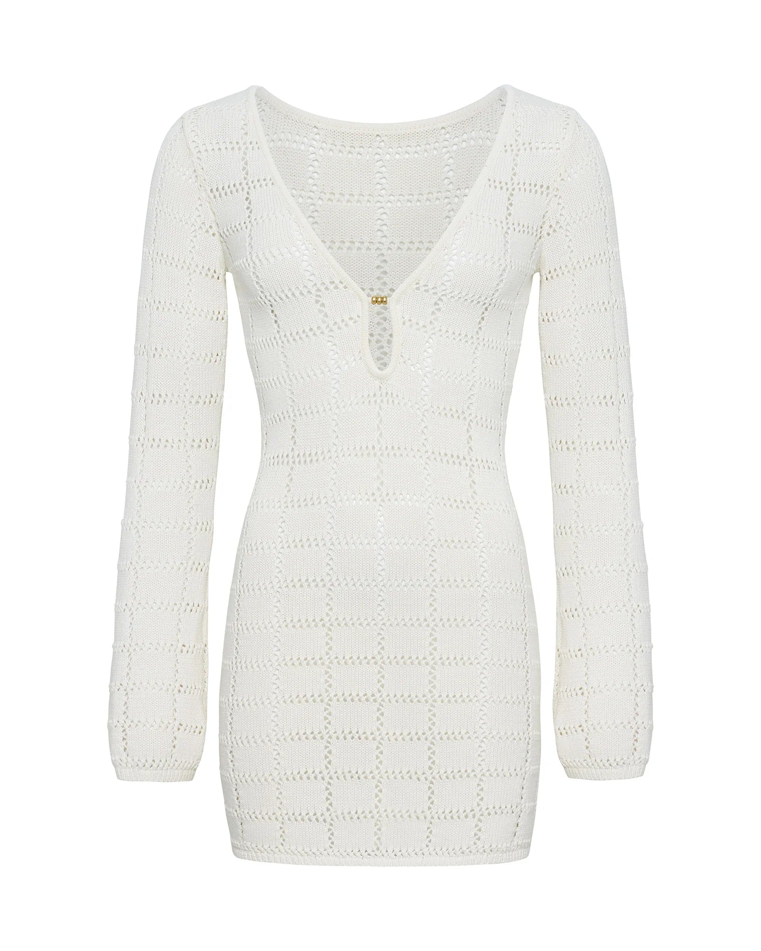 Open knit cotton mini dress with long sleeves and a plunging neckline
