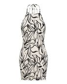 Smocked mini dress in off white with black print