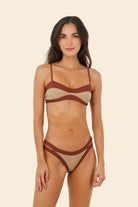 Shimmery color block bikini bottom in gold and dark red