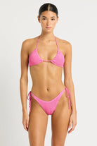 One size tie side bottom with textured crinkle fabric in pink