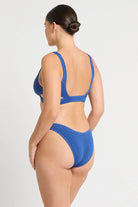 One size blue bottom with modest coverage in textured crinkle fabric