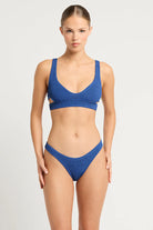One size blue bottom with modest coverage in textured crinkle fabric