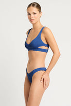 One size blue bottom with modest coverage in textured crinkle fabric