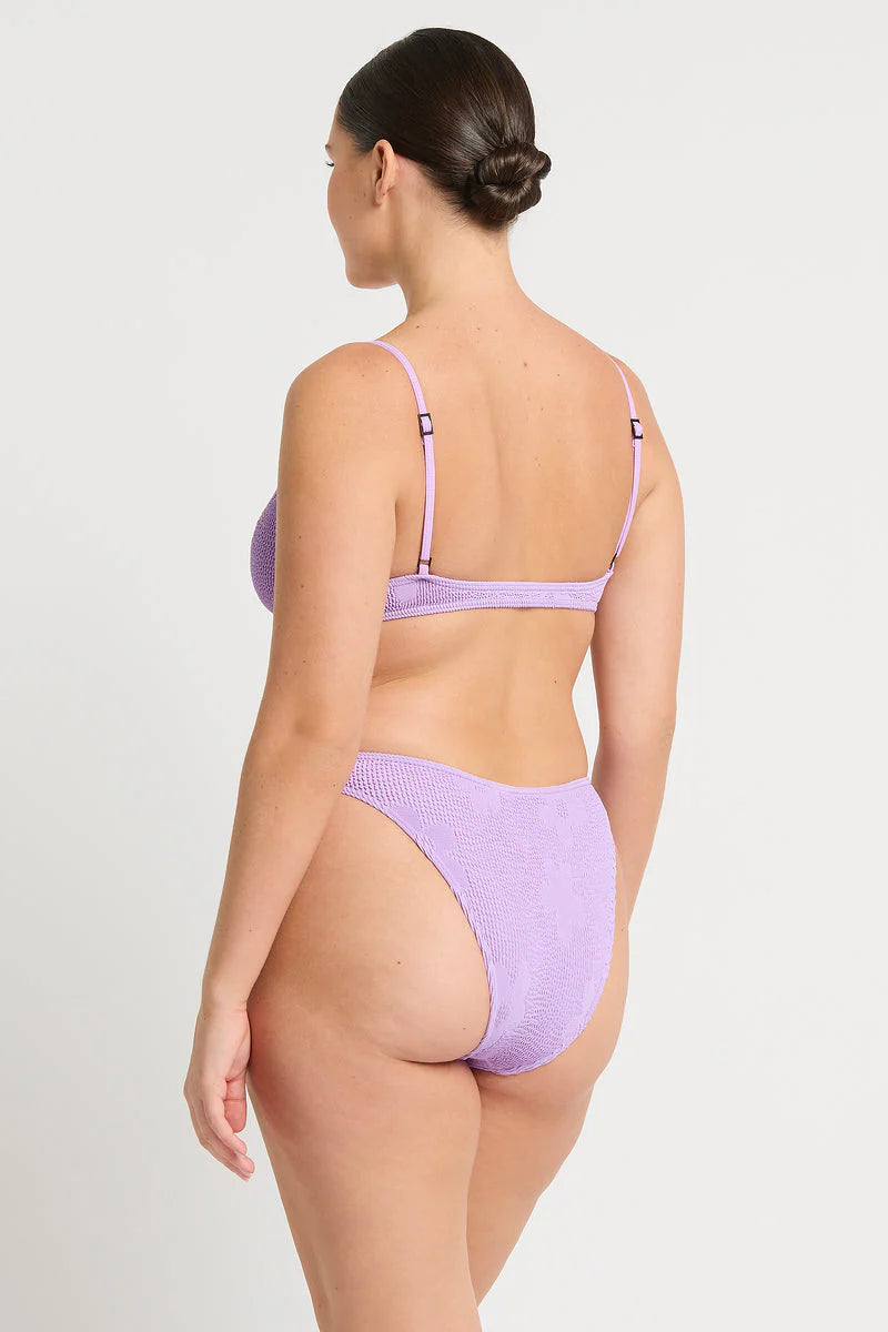 High leg bottom in one size lavender crinkle fabric with medium coverage