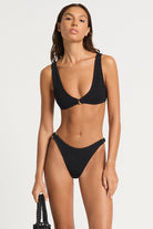 One size black bikini bottom with ring details on the sides