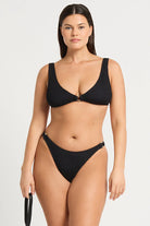 One size black bikini bottom with ring details on the sides