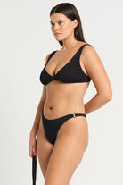 One size black bikini bottom with ring details on the sides