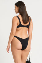 One size black bikini bottom with ring details on the sides